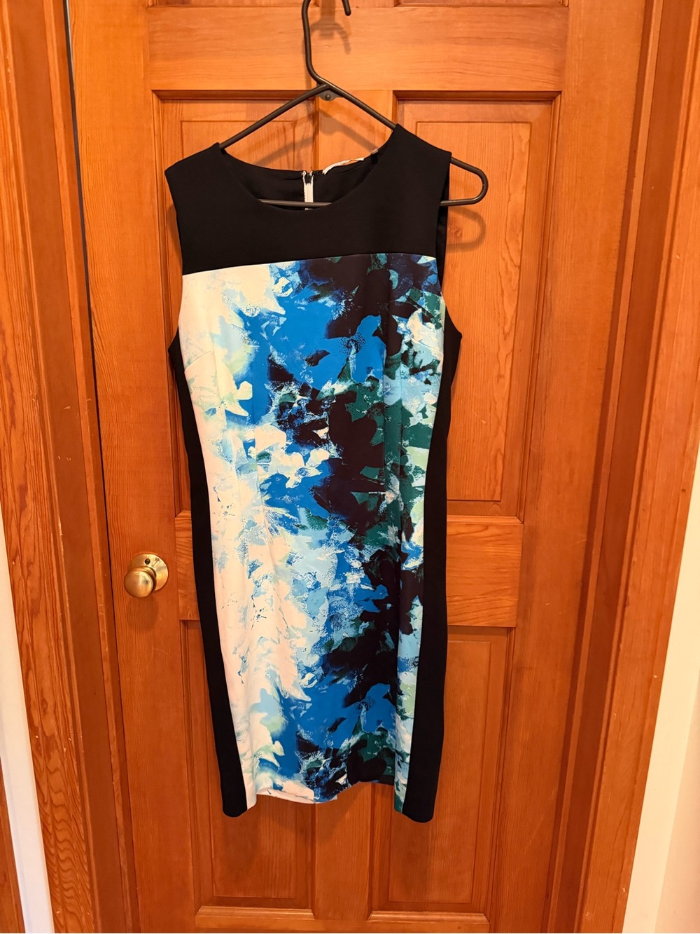Tahari Black Sheath Dress with Blue Abstract Front Panel